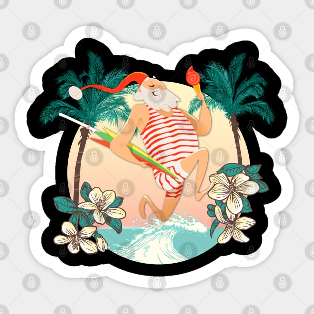 Christmas Santa Hawaiian Surfing Summer Surf Sticker by TeddyTees